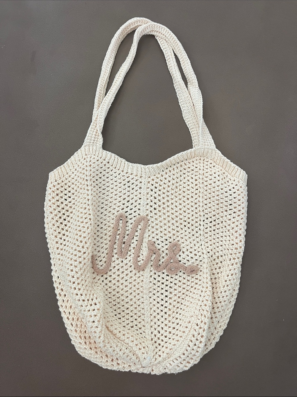 Handcrafted Cream Crochet Tote Bag with 'Mrs.' Script wedding gift bride